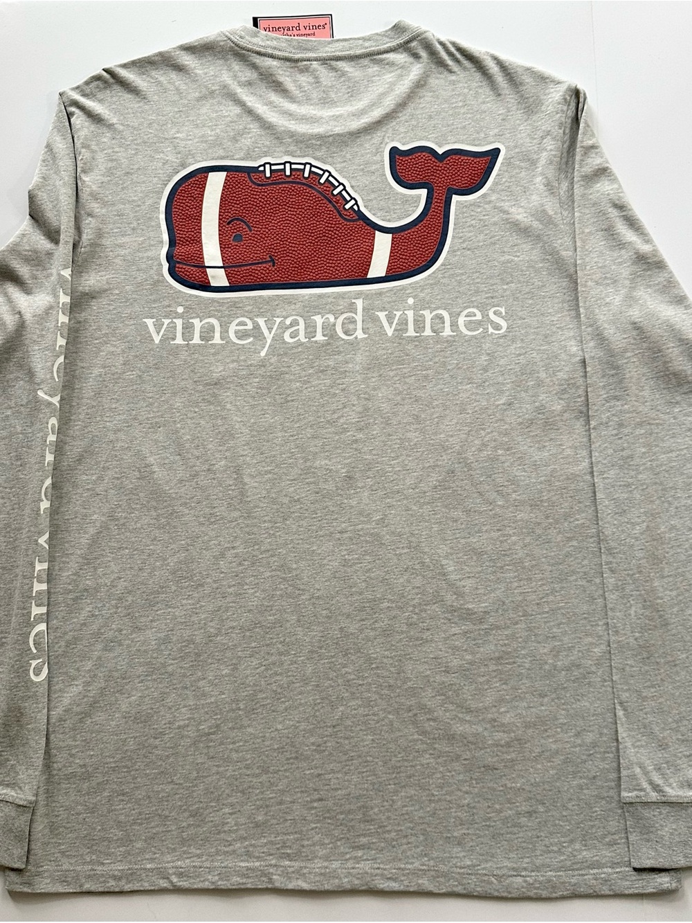 VINEYARD VINES LONG SLEEVE FOOTBALL 🏈 WHALE POCKET TEE - GREY HEATHER - LARGE
